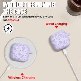 CameCosy for AirPods 4th Generation Case (2024) with Butterfly Bracelet Keychain, Unique Flower Engraved Design Soft Shockproof Protective Cover Case for AirPods 4 Women Girls (Purple)