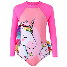 PURFEEL Girls Unicorn One Piece Swimwear Zipper Rashguard Swimsuit Kids Long Sleeve UPF 50+ UV,Pink Unicorn Sunsuit 4-5Years