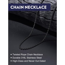 Bandmax Black Necklaces for Men Rope Twist Chain 30 Inch Long Slim Cable Rolo Chain for Pendant Charm Black Chain Necklaces Mens Jewelry Gift