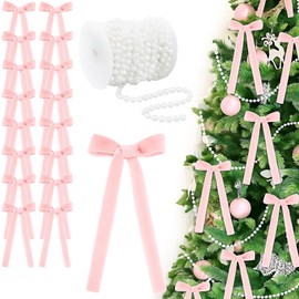 Jutom Christmas Tree Bows Decorations Includes 24 Pcs Bows with 33 ft Pearl Garland Bow Garland Banner for Tree Home Birthday Wedding Chrismtas Xmas Holiday Party Decor (Pink,Velvet)