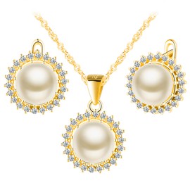 MicLee Pearl Necklace Pendant and Earrings Studs for Women Girl 925 Silver Sunflower Pearl with Zirconia Jewellery Sets Fashion Wedding Jewellery Elegant Bridal Necklaces Earrings Gold
