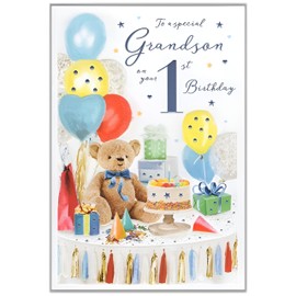 Grandson 1st Birthday Card - Age 1 - Special Finishes - Teddy Bear and Balloons Artistic Design - Made in the UK