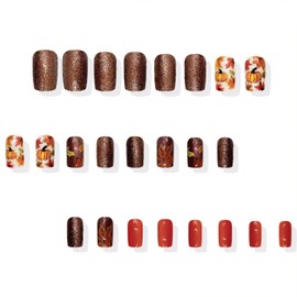 Tyuimhx Fall Maple Leaf Press on Nails Medium Square Fake Nails With Pumpkin Designs Autumn Maple Leaves False Nail Thanksgiving Brown Glitter Stick on Nail for Women 24 Pcs