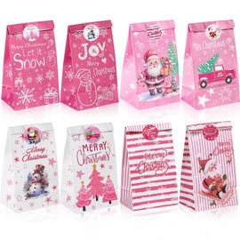 Liobelon 12 Pieces Christmas Goody Bags with Stickers Pink Christmas Paper Treat Bags Snowman Santa Claus Xmas Goodie Bags Candy Treat Cookies Bag for Winter Holiday Party Gift Wrapping Decorations