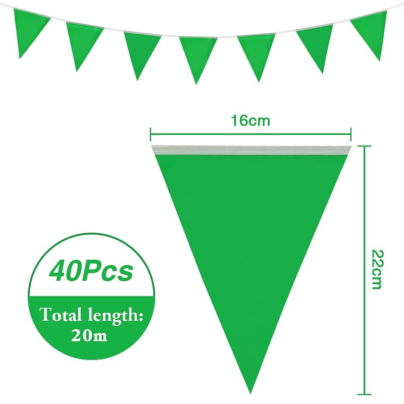 Topeedy 20M Green Bunting Flags Party Decoration,40pcs Reusable GreenPennant for