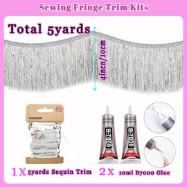 Yhsheen - Moldura de flecos plateados con oropel, ribete de flecos metálicos de 5 x 4 pulgadas con pegamento B7000 para chamarra de karma, disfraces, manualidades, papel de aluminio brillante