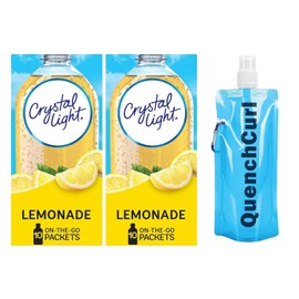 Crystal Light On The Go Drink Mix Pouches, Sugar-Free, Low-Calorie, 2 Pack of 10 Pouches with QuenchCurl Collapsible Bottle! (2 Pack, Lemonade Flavor)