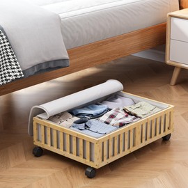 Bamboo Under Bed Storage Containers with Wheels, Rolling Under the Bed Shoe Storage Bins, Wood Stackable Underbed Drawers with Bag Organizer for Bedroom Closet Clothing Sweater Bedding Under Crib Toy