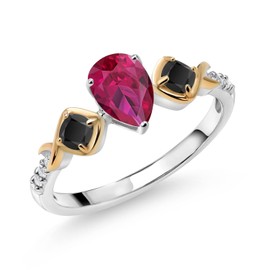 Gem Stone King 925 Silver and 10K Yellow Gold Pear Shape Red Created Ruby Black Onyx and White Lab Grown Diamond Ring For Women (1.31 Cttw, Gemstone Birthstone, Available In Size 5, 6, 7, 8, 9)