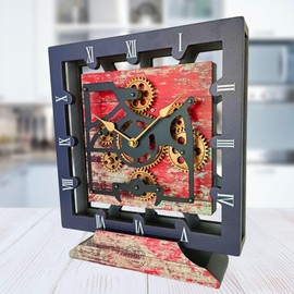 THE GEARS CLOCK Desk Clock 10 Inches with Real Moving Gear Square Convertible Into Wall Clock (Red Lava)