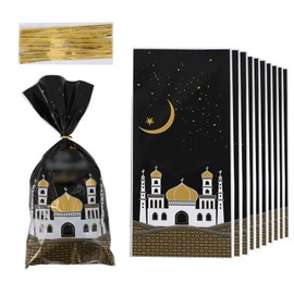 PMELCXD 100 Pieces Eid Mubarak Party Treat Bags, Ramadan Theme Printed Pattern Gift Bags Cellophane Clear Plastic Goodie Favor Bags with Gold Twist Ties for Eid Mubarak Party（Black）