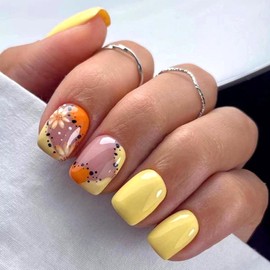 Press on Nails Short Square False Nails Glossy Acrylic Nails with Black Dot Lrregular Pattern Designs Flower Glue on Nails Yellow Full Cover Fake Nails Cute Nails Press ons for Girls and Women 24Pcs