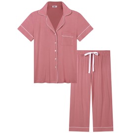 Joyaria Bamboo Viscose Pajamas Women Short Sleeve Capri Pjs Lightweight Sleepwear(Dusty Pink,Large)
