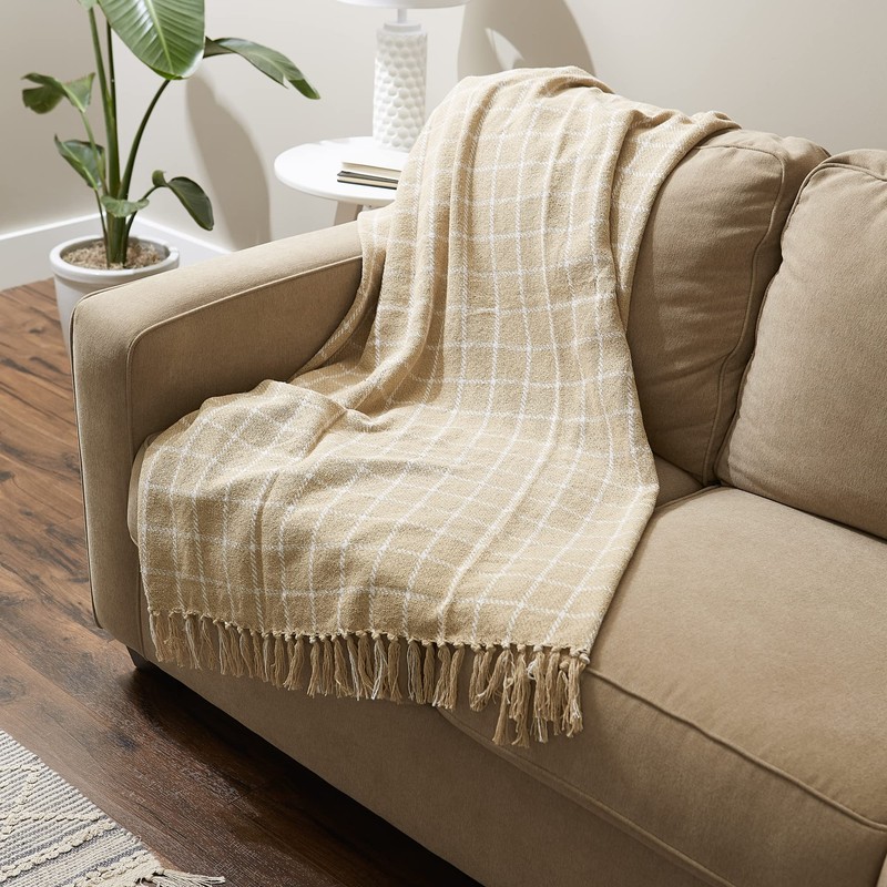 DII Transitional Checked Plaid Woven Throw, 50x60, Vintage Linen