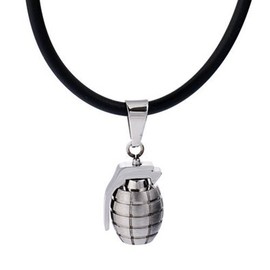 DonDon Rubber Necklace with Hand Grenade Pendant Stainless Steel in Black Velvet Bag, Rubber