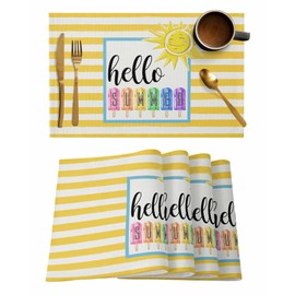 Summer Placemats Set of 6 Cotton Linen Table Mats Non-Slip Place Mats for Dining Kitchen Table Decoration Washable 19x13 Inch Placemats - Hello Summer Popsicle Sun Stripe