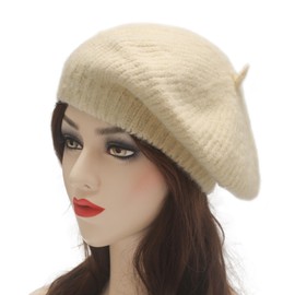 ZLYC Women's Cable Knitted Beret Hats Braided Baggy Wool Beret Winter Warm Beanie, Plain beige.