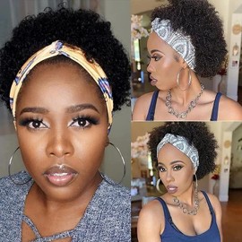 Headband Wigs Human Hair For Women Curly Wigs Human Hair Wigs Afro Kinky Curly Human Hair 100% Glueless Wig None Lace Afro Hair Wigs 180% Density 10 Inch