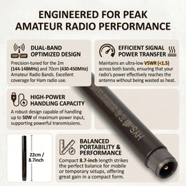 HYS Dual Band Ham Radio Antenna for Car Truck, VHF UHF 2m 70cm Mobile Amateur Radio Antenna, 8.7" Heavy Duty Fiberglass Whip, UHF Male High Gain Vehicle Antenna for Two Way Radio & Transceiver