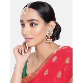 Aheli Handcrafted Traditional Wedding Wear Faux Kundan Studded Floral Enamel Jhumka Jhumki Earrings with Maang Tikka Indian Ethnic Fashion Jewelry Gift for Women Maroon