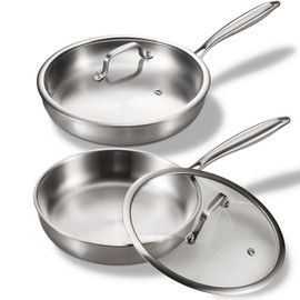 MOUTIUS Tri-Ply Stainless Steel Pan Set, PFOA and PTFE-Free Skillet Griddle, Stainless Steel Pan Set with Lid for the Kitchen, Induction-Compatible Cookware Sets, Dishwasher and Oven Safe