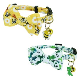 Newtensina Fashion 2 Pieces Cute Bee Dinosaurs Pattern Cat Collar with Bee Dinosaurs Pendant for Cats - YellowGreen