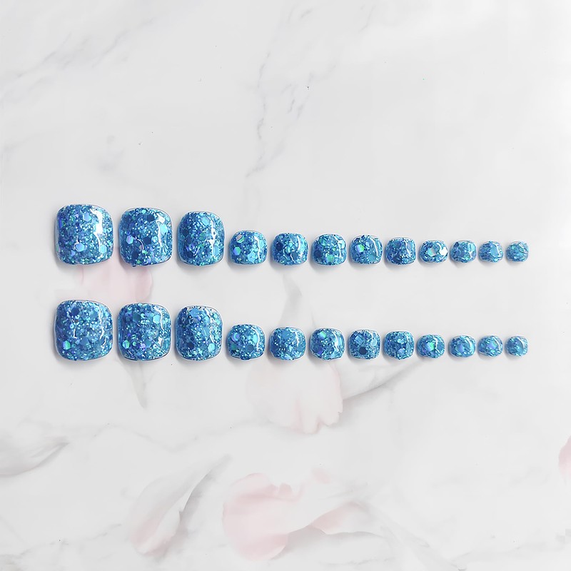 NEURAD Nail Tips for Feet, Sea Blue, 24 Pieces, Glitter,