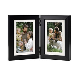 SaZiCat Double Hinged 4X6 Picture Frame with Real Glass-Tabletop or Wall Mounted, Display for 3X5 & 4X6 Photos (with/without Mat)-Classic Black, For Family Photos & Wedding Memories-H46X2