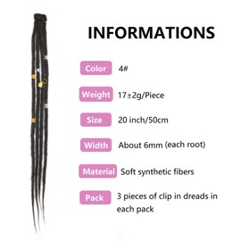 Clip In Dreadlock Extensions 20 Inch 3PCS Handmade 0.6cm Synthetic Dreads with Clips Soft Crochet Loc Extensions(4#)