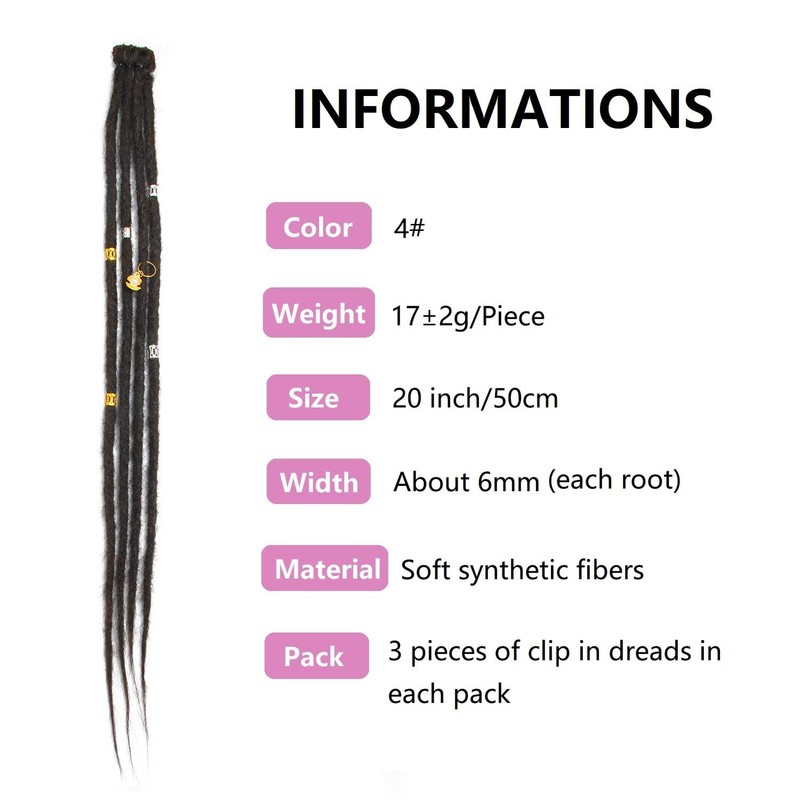 Clip In Dreadlock Extensions 20 Inch 3PCS Handmade 0.6cm Synthetic