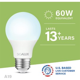 Sigalux A19 LED Light Bulb 60W Equivalent, E26 Medium Base 5000K Daylight 800LM, Non-Dimmable LED 9.5 Watt Standard Light Bulbs, UL Listed, 16 Pack