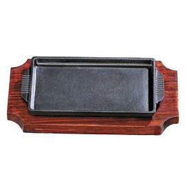 Rectangular Shaped Japanese Styled Cast Iron Sizzler Platter with Wooden Trivet 17cmx11cm