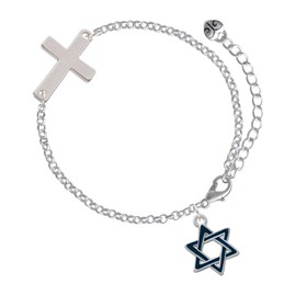 Delight Jewelry Silvertone Blue Star Of David - Silvertone Cross Link Bracelet, 6"+2" Extender