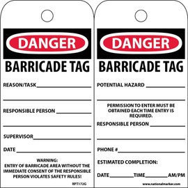 NMC RPT172 Accident Prevention Tag, DANGER BARRICADE TAG, 3 Width x 6 Height, Unrippable Vinyl, Black/Red on White (Pack of 25) by NMC