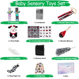 FNYUN 11pcs Sensory Toy Kit, Newborn Toys Black and White Sensory Cards, Baby Sensory Toy Set for 3 6 9 12 Months Babies