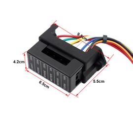 Aiqeer 6 Way Car Blade Fuse Box, 2 Input 6 Output Standard Blade Fuse Holder, Car Blade Fuse Block with Pre-Wired, and 10 Pcs Free Standard Blade Fuses (12V / 24V / 32V / 48V Universal)