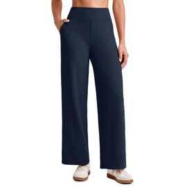 G4Free Lightweight Summer Cropped Pants for Women Wide Leg Yoga Dress Work Pants with Pockets High Waist Casual Lounge Travel Trousers(Dark Navy,XXL,27.5")