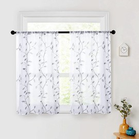 MRTREES Voile Sheer Curtains, Bedroom Window Curtains Rod Pocket, Leaves Embroidery Living Room Curtain Drapes Window Curtain Panels Treatment for Bathroom(2 Panels, 30x45 inches, Grey Leaves)