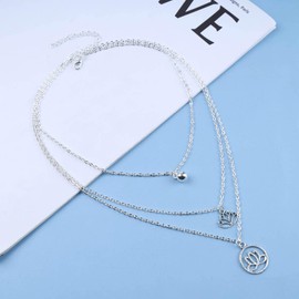 Cimenexe Bohemian Layered Lotus Pendant Necklace Lotus Flower Choker Necklace Karma Circle Necklace Chain Silver Hollow Flower Necklace Hollow Circle Eternity Necklace Jewelry for Women and Girls