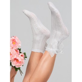 Geyoga 4 Pairs Women's Lace Ankle Socks Ruffle Frilly Socks Mesh Lace Loose Socks Slouch Socks Ankle High Socks for Women(Elegant Black and White,5-8)