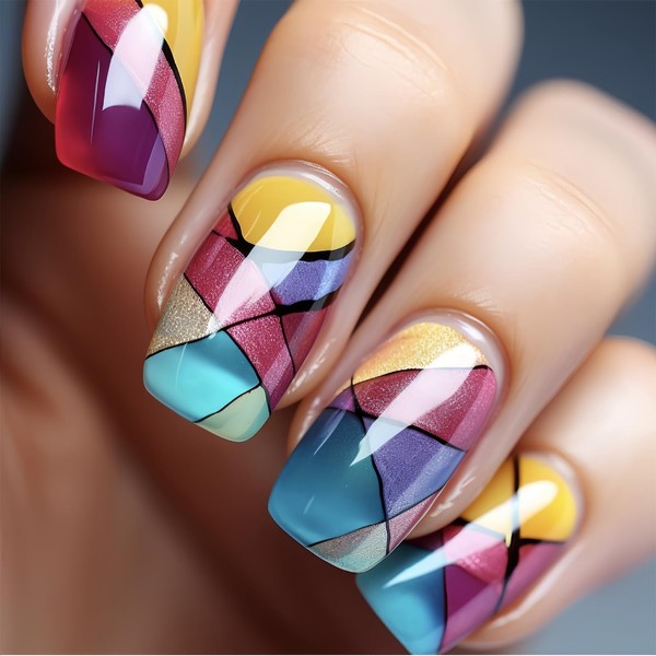 Square Press on Nails Medium Length Cute Fake Nails with