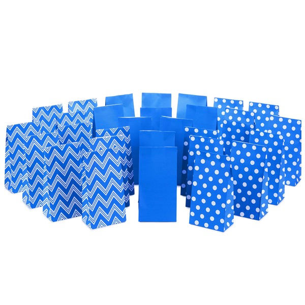 Hallmark Blue Party Favor and Wrapped Treat Bags, Assorted Designs (30 Ct., 10 Each of Chevron, White Dots, Solid) for Birthdays, Baby Showers, School Lunches, Hanukkah, Care Packages, May Day