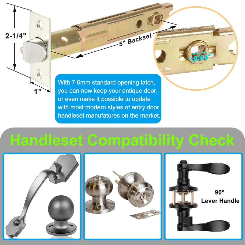 5" Backset Entry Door Latch Fits 19/64" (7.6mm) Square Interface