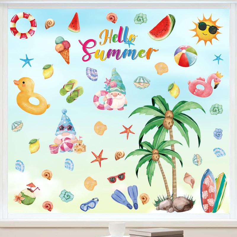 Aryroi Hello Summer Window Clings,Pool Beach Window Stickers,Gnome Wall Stickers,Summer