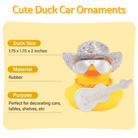 wonuu Cowboy Hat Car Rubber Ducks, Dashboard Decorations Rubber Ducky for Car Ornament Cute Duck with Hat, Glasses, Necklace, Mini Guitar, Glitter Silver