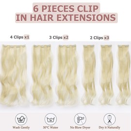 Cybelleza 48 cm Clip-In Hair Extensions, Hairpiece Like Real Hair, 6 Pieces, Hair Extensions, Clip-In Hairpiece, Wavy Hair Thickening, Synthetic Hair, Platinum Blonde