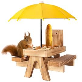 Gnodary Squirrel Feeder with Umbrella, Squirrel Feeders for Outside, Squirrel Picnic Table Feeder - Chipmunk Feeder Hold Corn, Corn Cob, Peanuts (Yellow)