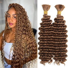 Deep Wave Bulk Braiding Hair for Boho Braids 20 Inch 2 Bundles 200g Brown Curly Boho Hair for Braiding No Weft Wet and Wavy Hair Extensions (#30)