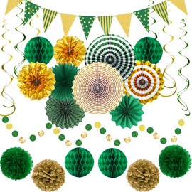 Green Gold Party Decorations Paper Fans, Graduation Season Hanging Glitter Triangle Flags Banner Hanging Paper Fan Happy Birthday Banners and Triangular Flag, Bridal Shower,Green Themed Birthday…
