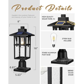 Solar Outdoor Post Light, HWH Dusk to Dawn Solar Lamp Post Light with Pier Mount Base, Exterior Pillar Lantern Pole Lamp with Seeded Glass Shade, 5HX62PM-SL BK